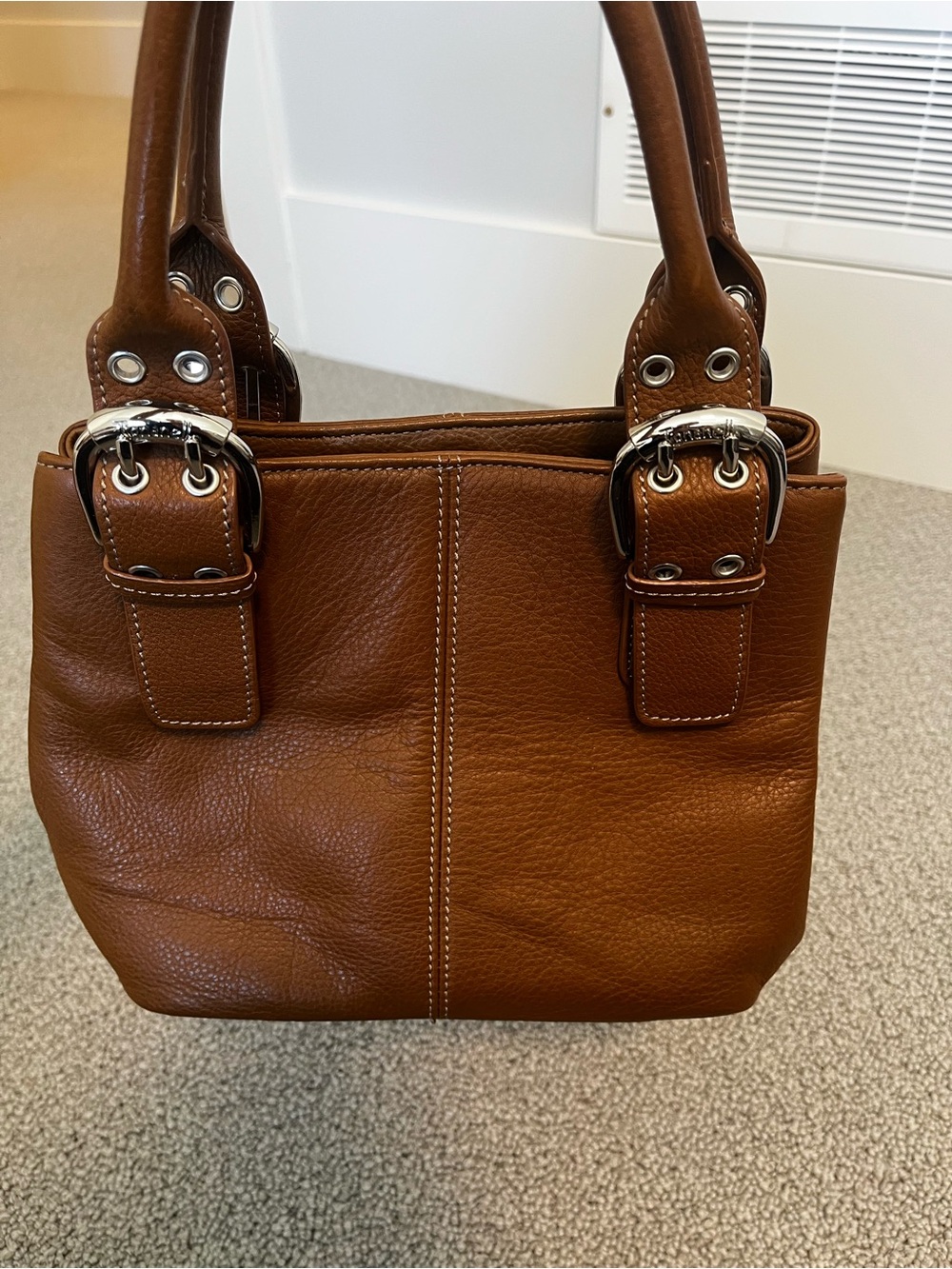 Tignanello Cognac Brown Leather Shoulder Bag with Silver Buckles